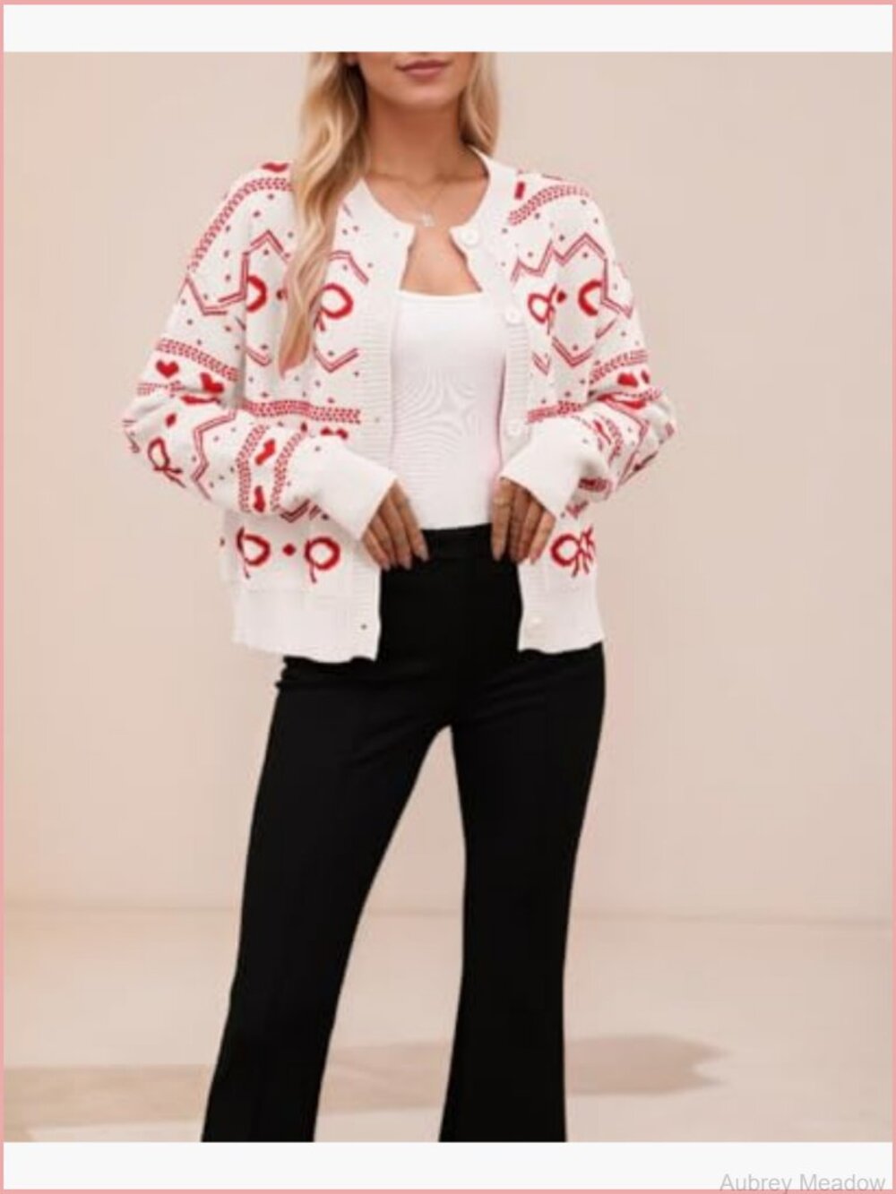 Kawaii Bow Heart Pattern Cropped Button Up Cardigan Sweater - Picture 2 of 7